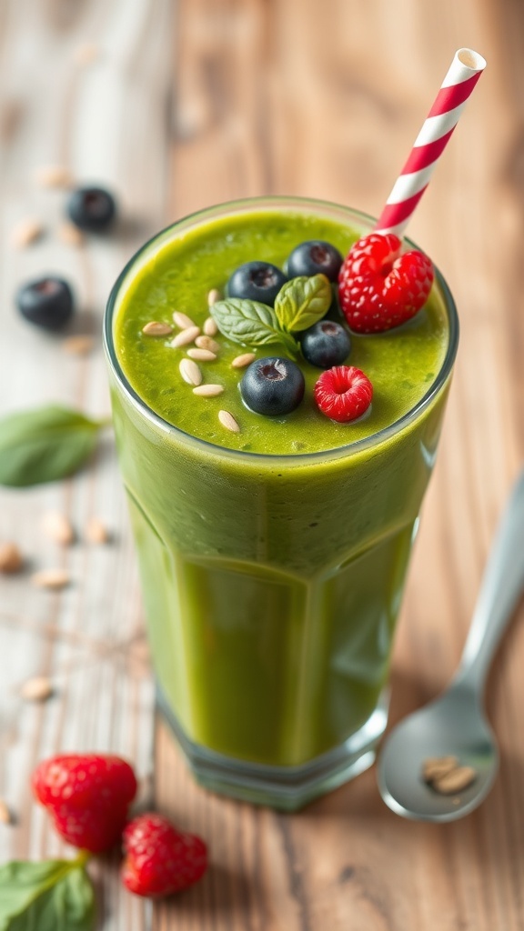 Healthy Protein Smoothies for Weight Loss A green protein smoothie in a glass with berries on top, set on a rustic wooden table.